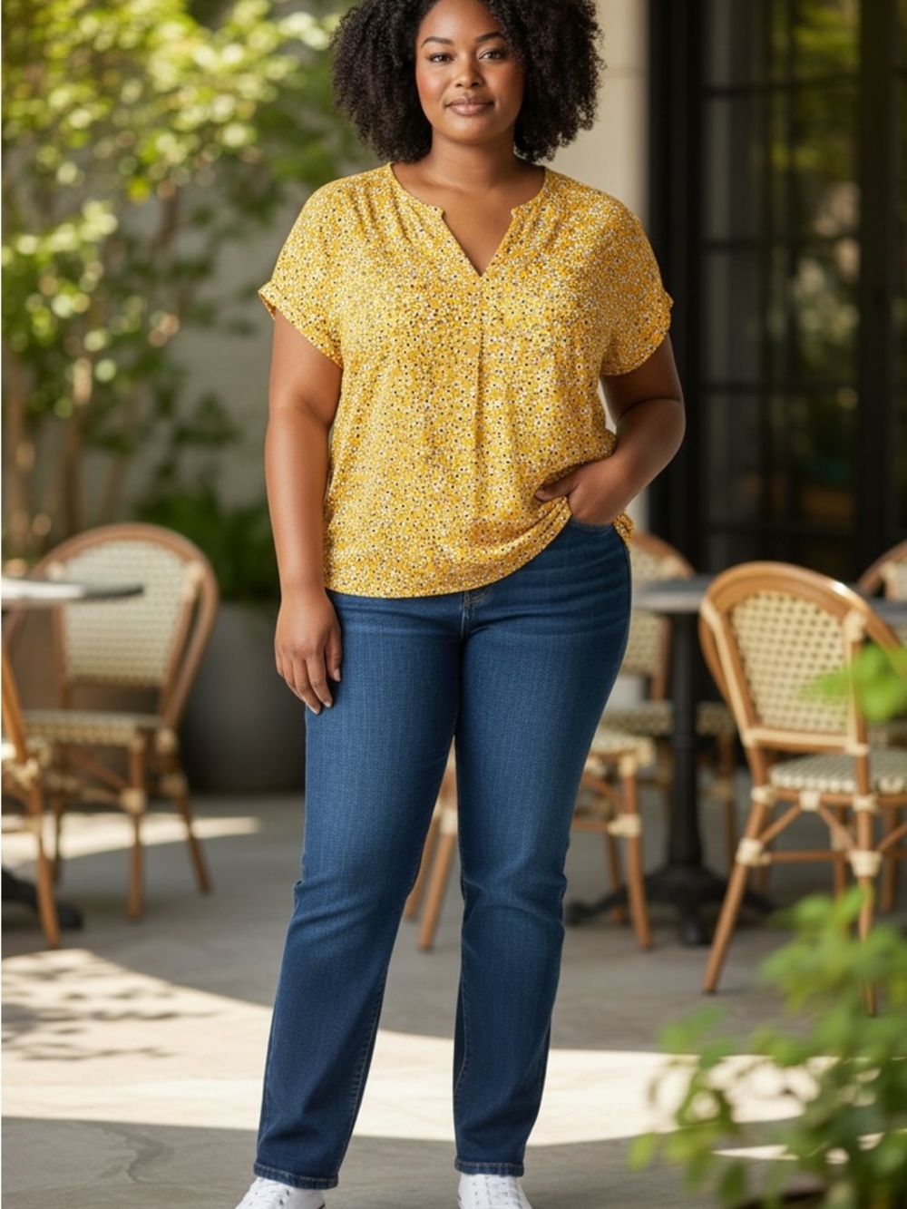 #76 Cynthia Rowley plus size Mustard Floral V-Neck Short Sleeve Blouse size 1x